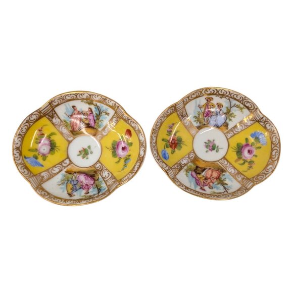 Antique Carl Thieme Dresden Saucer LOT OF 2 Painted Floral Gold Trim Quatrefoil - Picture 1 of 12
